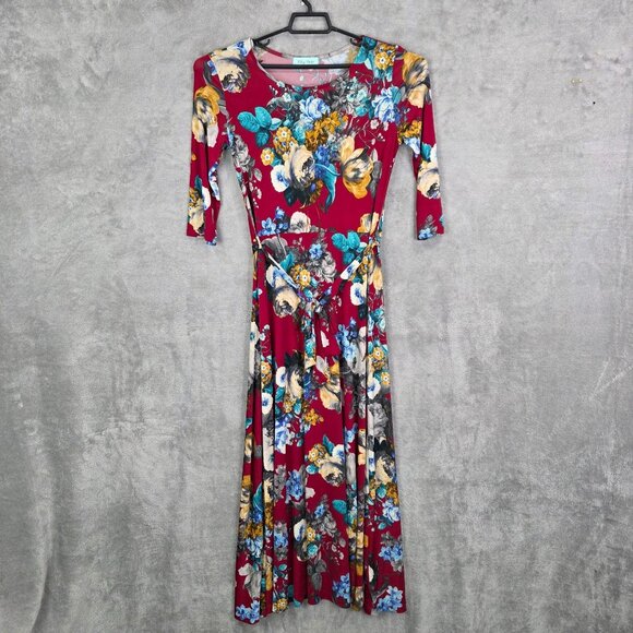 Womens Filly Flair Red Floral Maxi Dress Tie Waist 3/4 Sleeve Polyester Size L - Picture 2 of 10